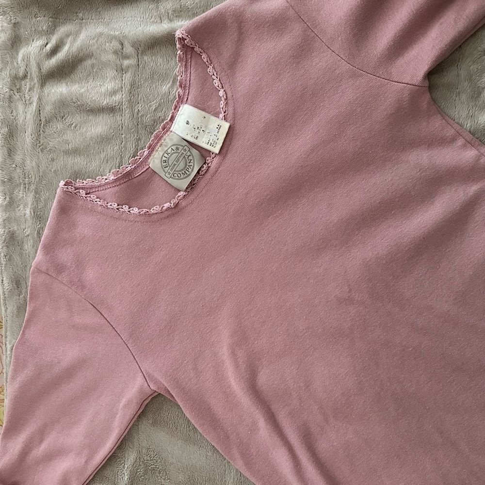 Vintage Pink Crewneck Top with Lace Trim